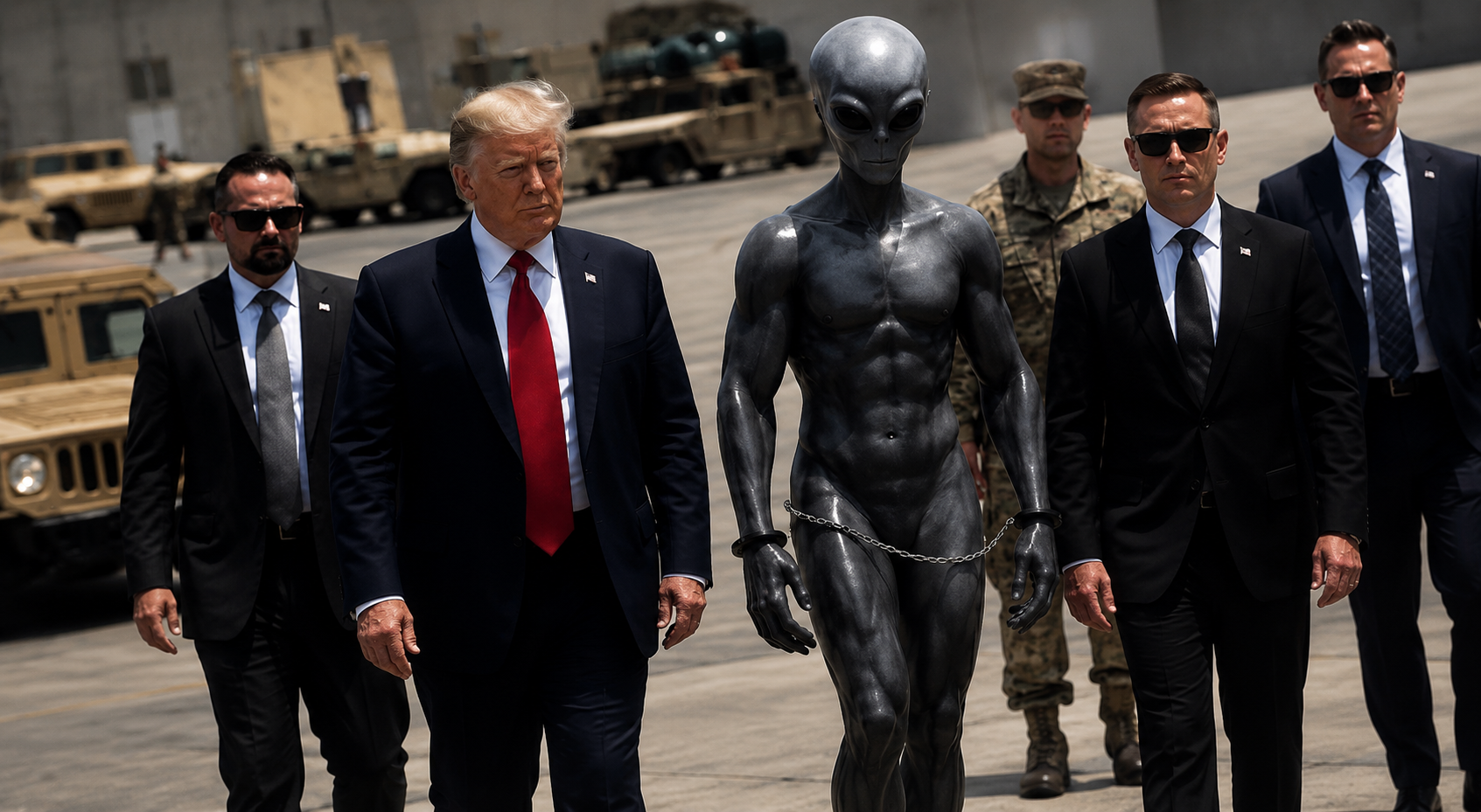 TRUMP PUBLICA IMAGENS DE SI MESMO GERADAS POR IA, AO LADO DE UM ALIENÍGENA MUSCULOSO E LASERS ESPACIAIS. ISSO NÃO AJUDA A UFOLOGIA SÉRIA